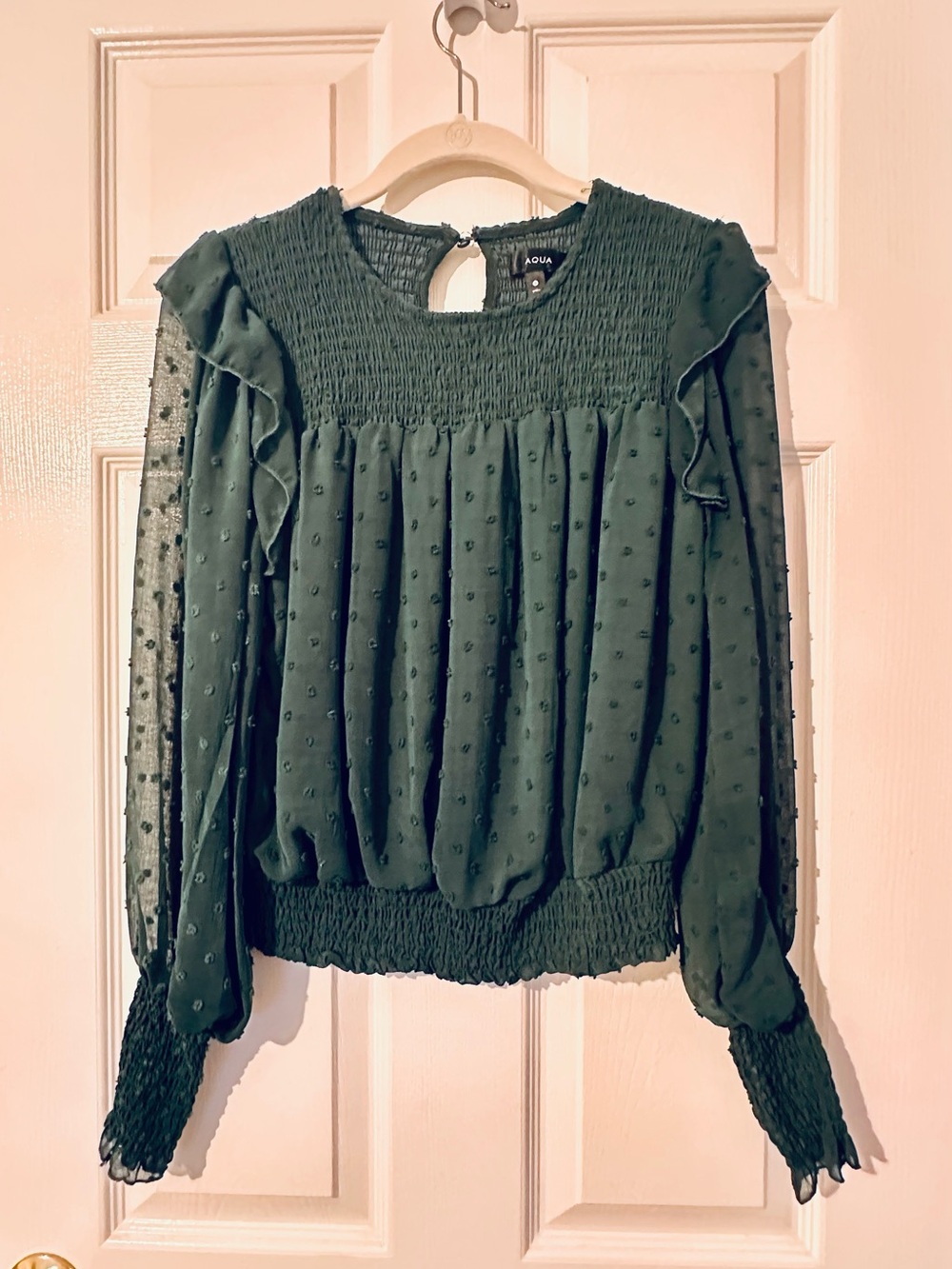 AQUA Green Swiss Dot Smocked Blouse